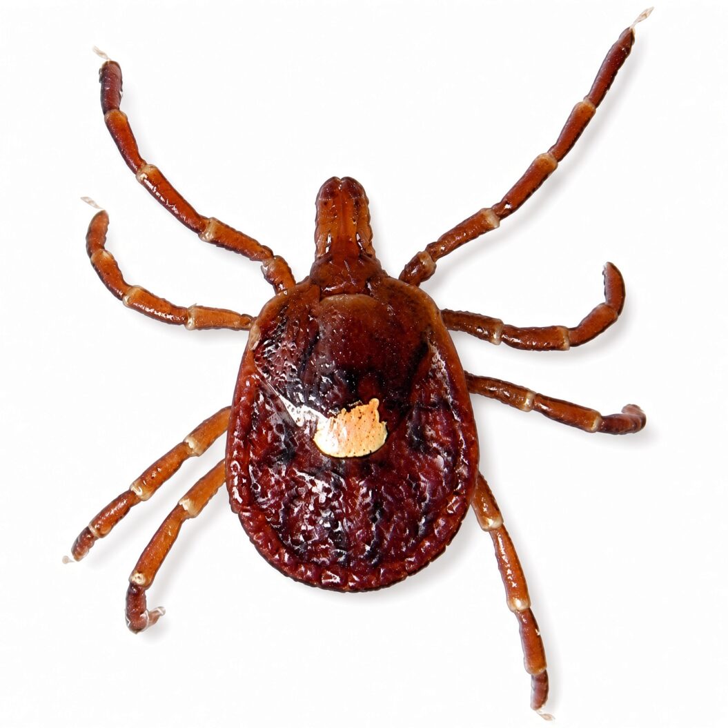 Close-up of a female lone star tick, identified by the single white spot on its back