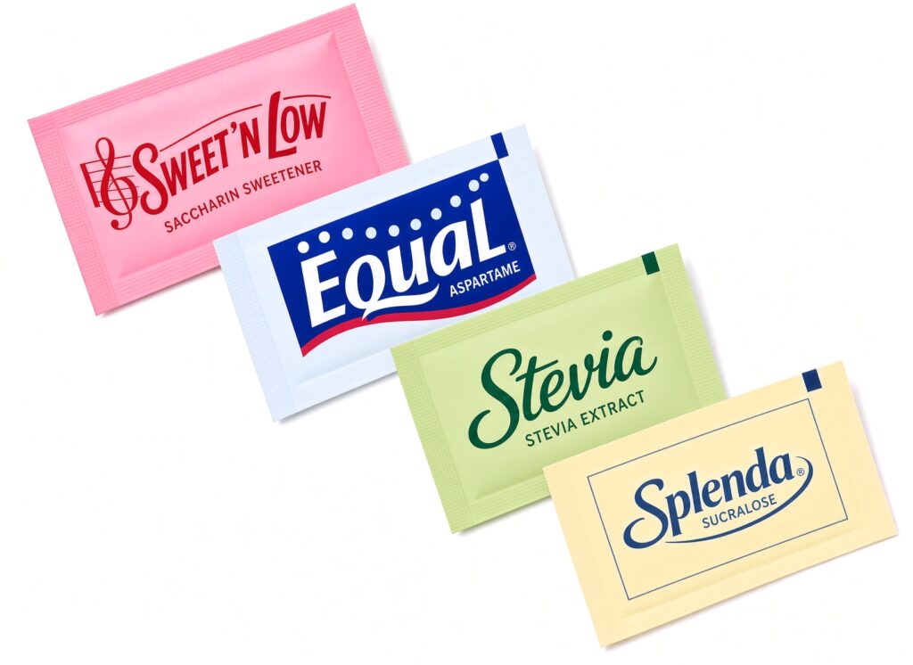 Packets of non-sugar sweeteners: saccharin, aspartame, stevia and sucralose
