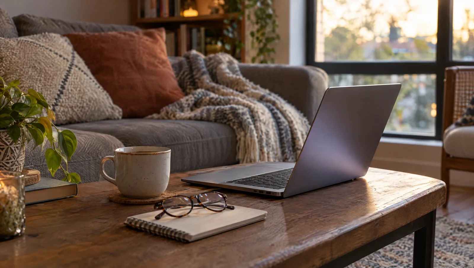 A laptop open on a living-room coffee table beside a cup of tea, reading glasses and a notebook, with a sofa and blanket behind