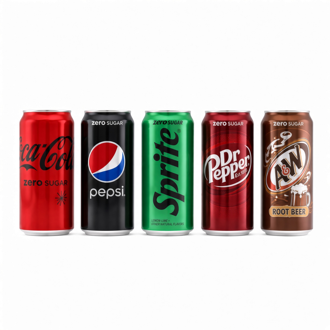 Cans of zero sugar soda from several major brands